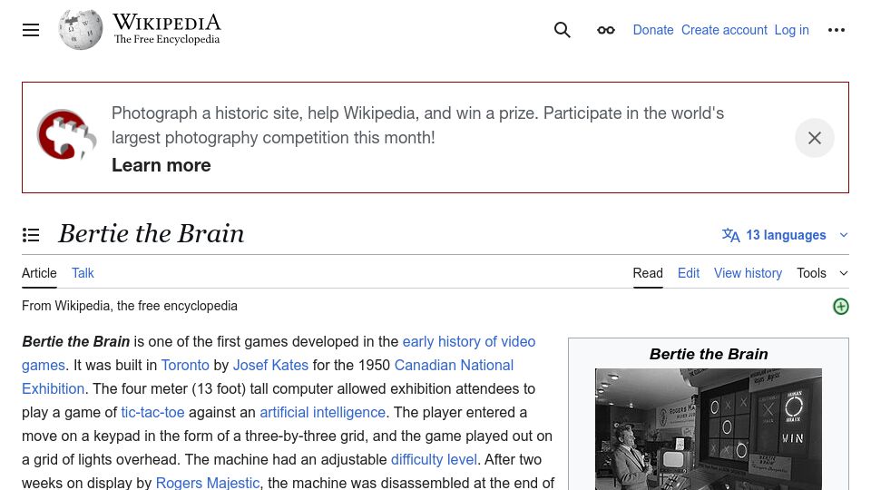 Screenshot of en.wikipedia.org: Bertie the Brain