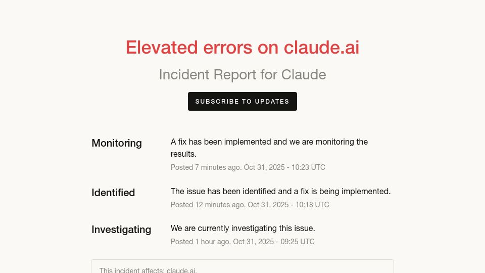 Screenshot of status.claude.com: Claude outage