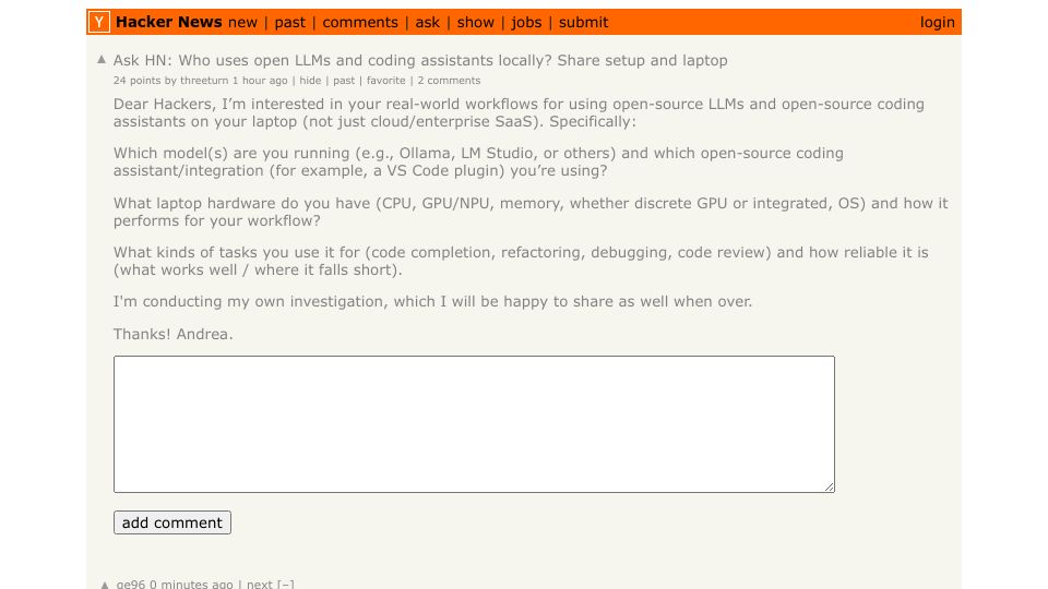 Screenshot of Hacker News post: Ask HN: Who uses open LLMs and coding assistants locally? Share setup and laptop