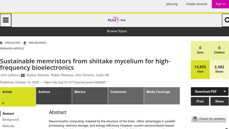 Screenshot of journals.plos.org: Sustainable memristors from shiitake mycelium for high-frequency bioelectronics