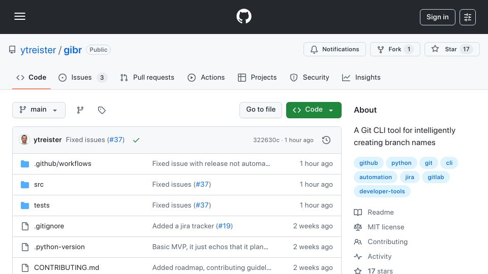 Screenshot of github.com: Git CLI tool for intelligently creating branch names