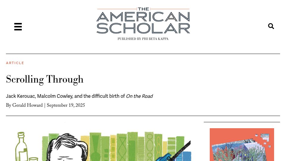 Screenshot of theamericanscholar.org: Jack Kerouac, Malcolm Cowley, and the difficult birth of On the Road