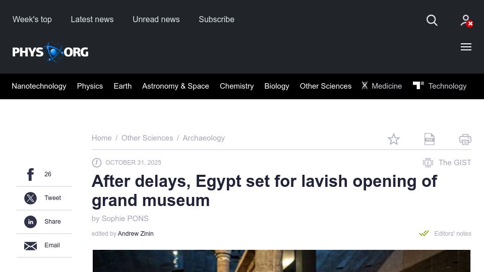 Screenshot of phys.org: After delays, Egypt set for lavish opening of grand museum