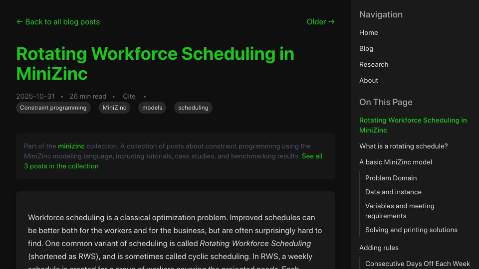 Screenshot of zayenz.se: Rotating Workforce Scheduling in MiniZinc