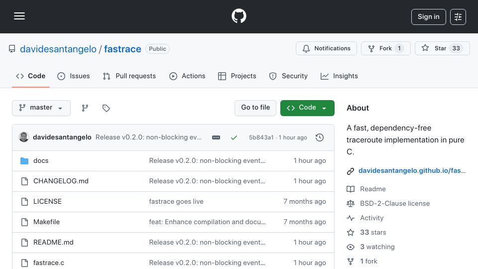 Screenshot of github.com: Show HN: A fast, dependency-free traceroute implementation in pure C