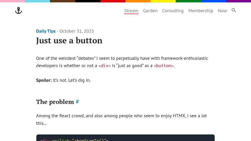 Screenshot of gomakethings.com: Just use a button