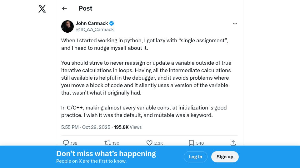 Screenshot of twitter.com: John Carmack on mutable variables