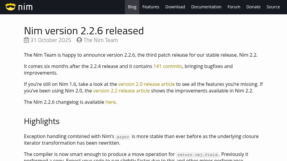 Screenshot of nim-lang.org: Nim 2.2.6