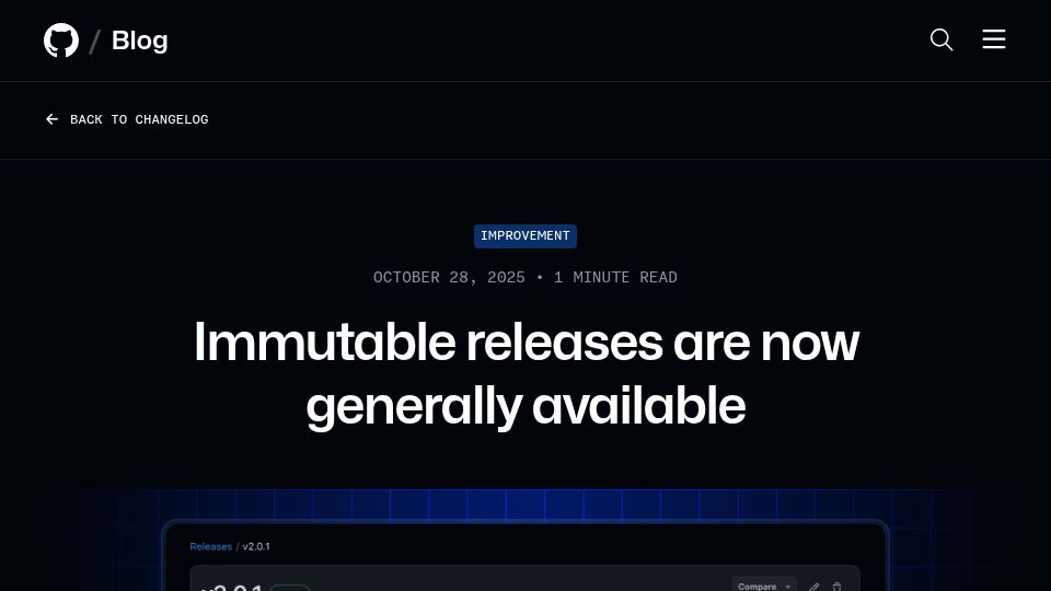 Screenshot of github.blog: Immutable releases are now generally available on GitHub