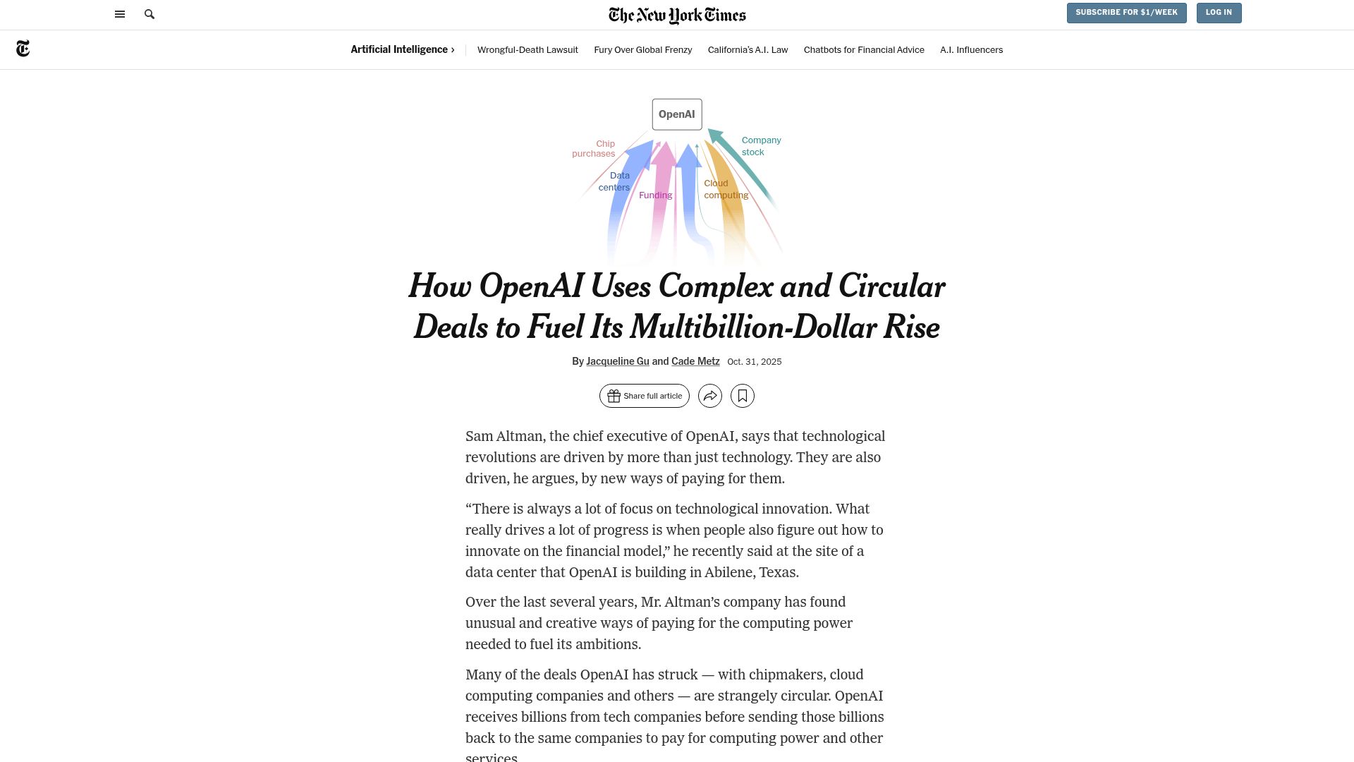 Screenshot of nytimes.com: How OpenAI uses complex and circular deals to fuel its multibillion-dollar rise