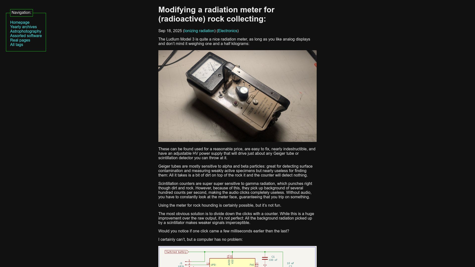 Screenshot of maurycyz.com: Modifying a radiation meter for (radioactive) rock collecting