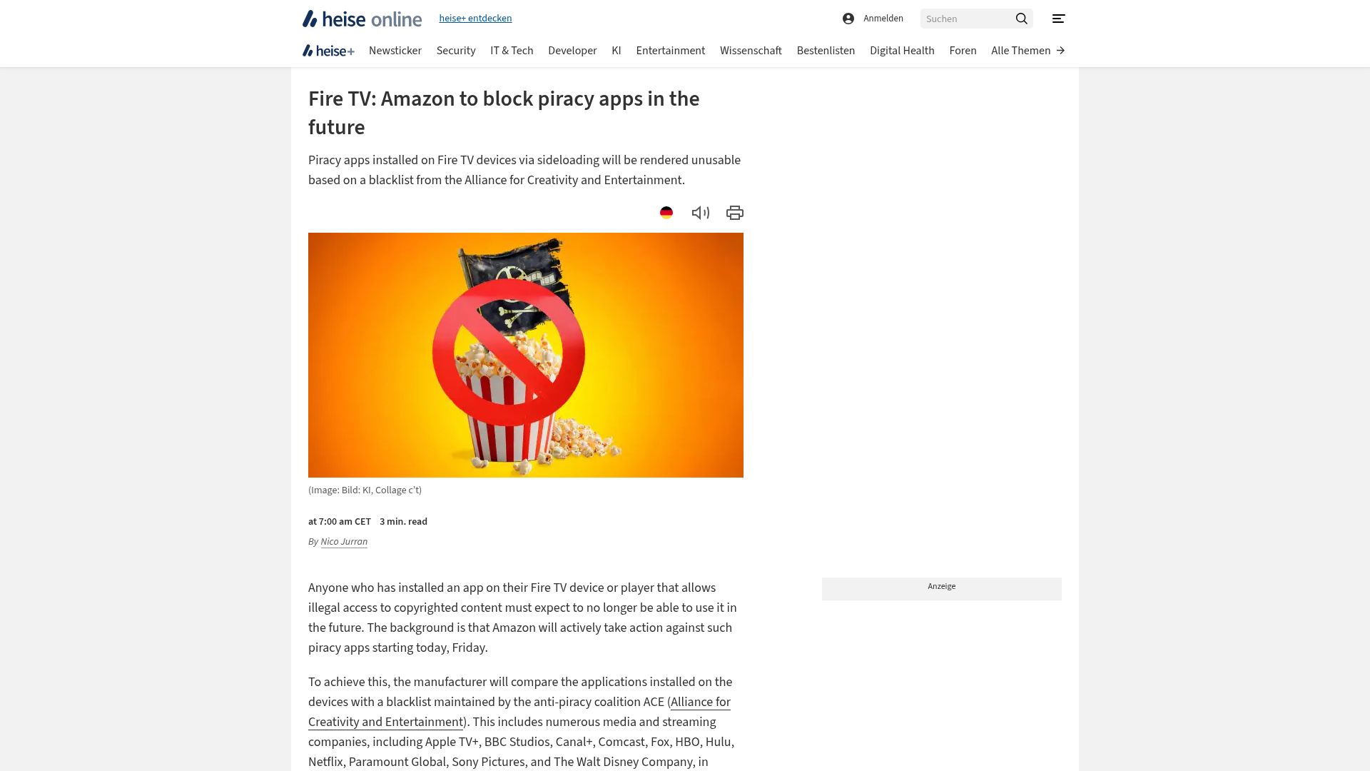 Screenshot of heise.de: Fire TV: Amazon to block piracy apps in the future