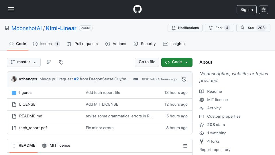 Screenshot of github.com: Kimi Linear: An Expressive, Efficient Attention Architecture