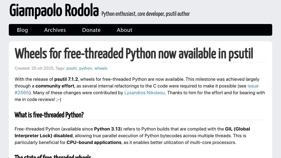 Screenshot of gmpy.dev: Wheels for free-threaded Python now available for psutil