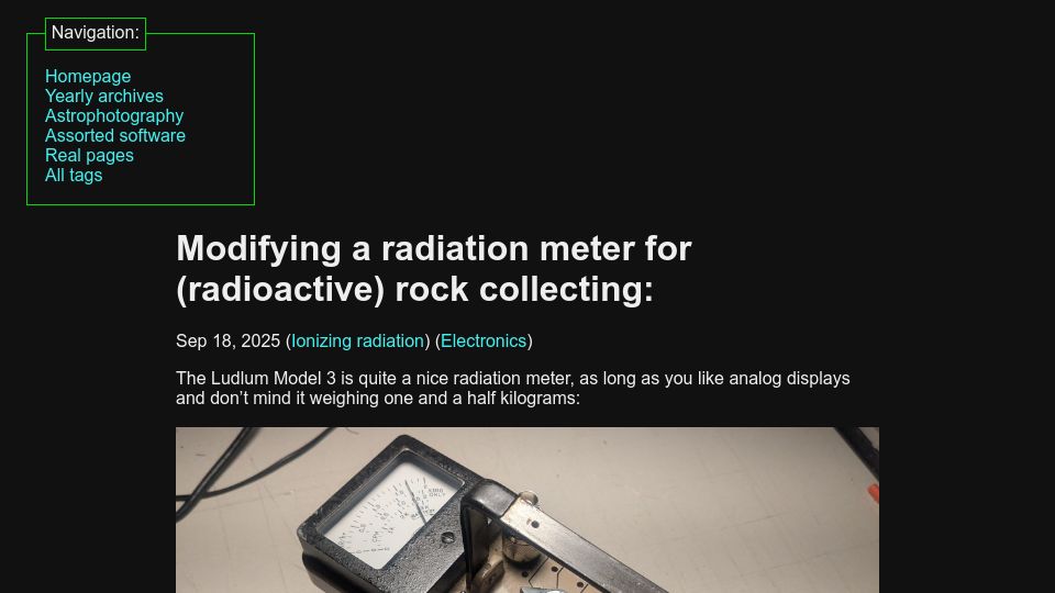 Screenshot of maurycyz.com: Modifying a radiation meter for (radioactive) rock collecting