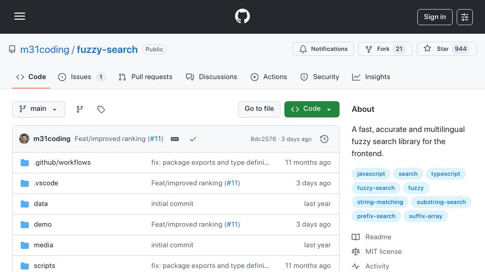 Screenshot of github.com: Show HN: Front End Fuzzy and Substring and Prefix Search