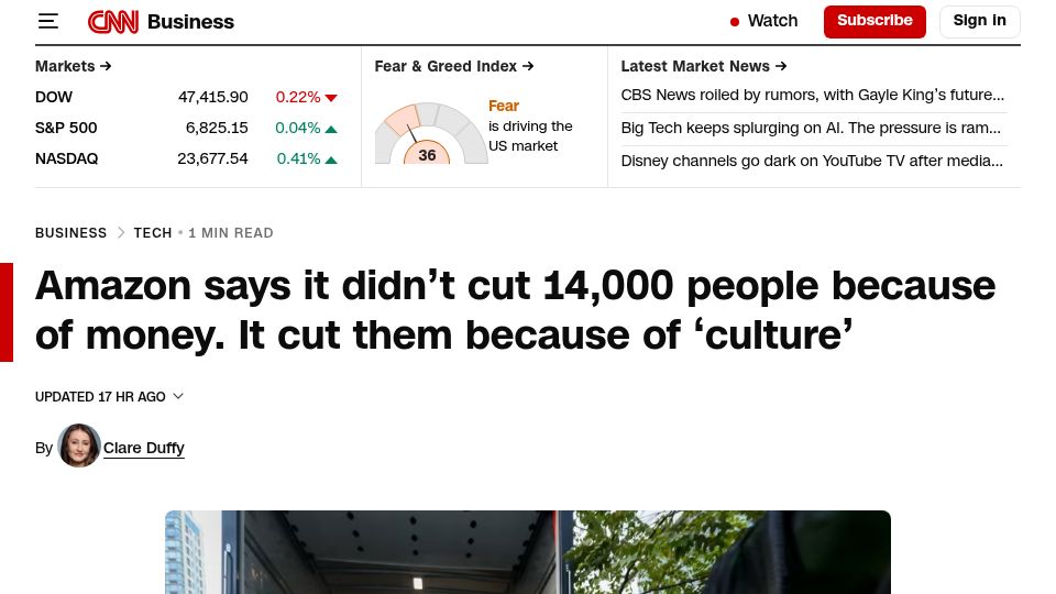 Screenshot of cnn.com: Amazon says it didn't cut people because of money. But because of 'culture'