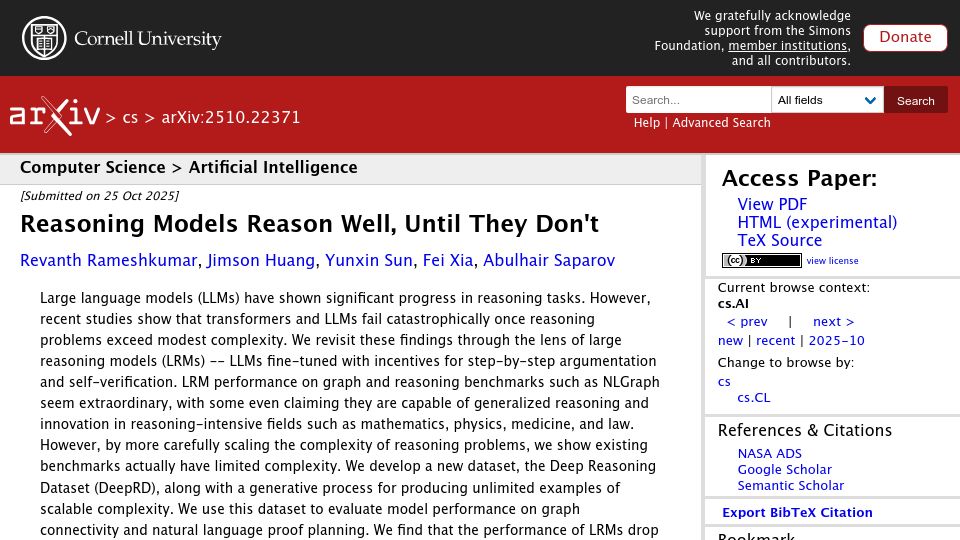 Screenshot of arxiv.org: Reasoning models reason well, until they don't