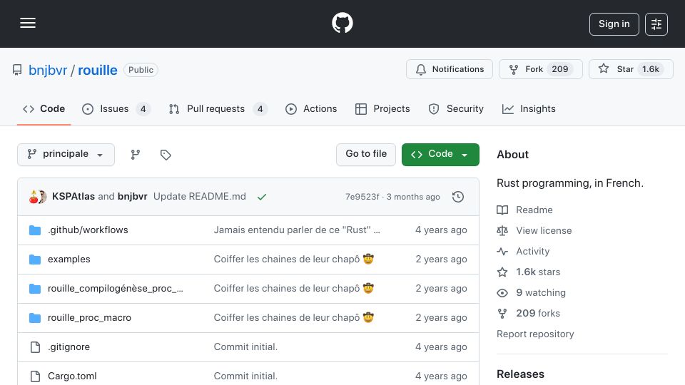 Screenshot of github.com: Rouille – Rust Programming, in French