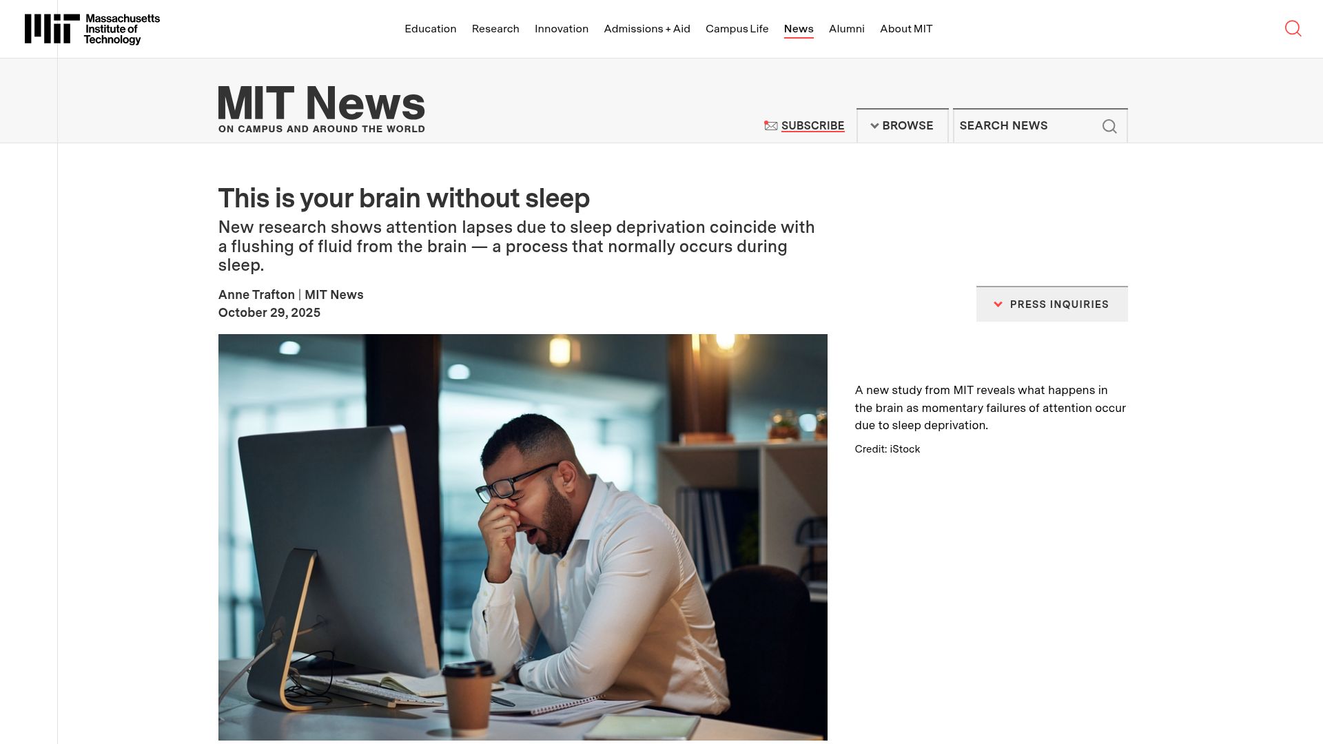 Screenshot of news.mit.edu: Attention lapses due to sleep deprivation due to flushing fluid from brain