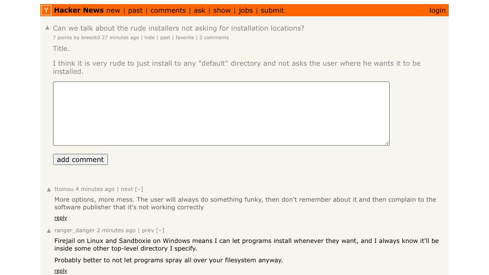 Screenshot of Hacker News post: Can we talk about the rude installers not asking for installation locations?