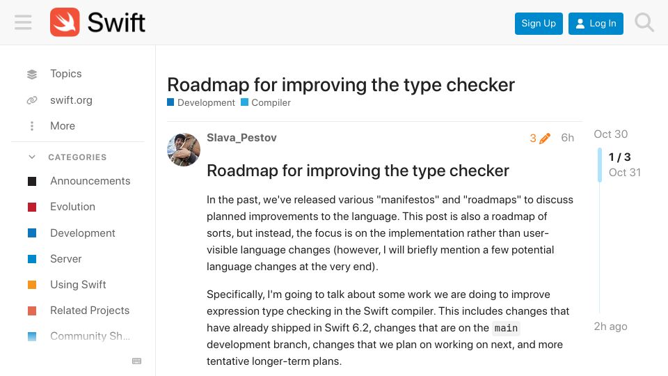 Screenshot of forums.swift.org: Roadmap for Improving the Type Checker
