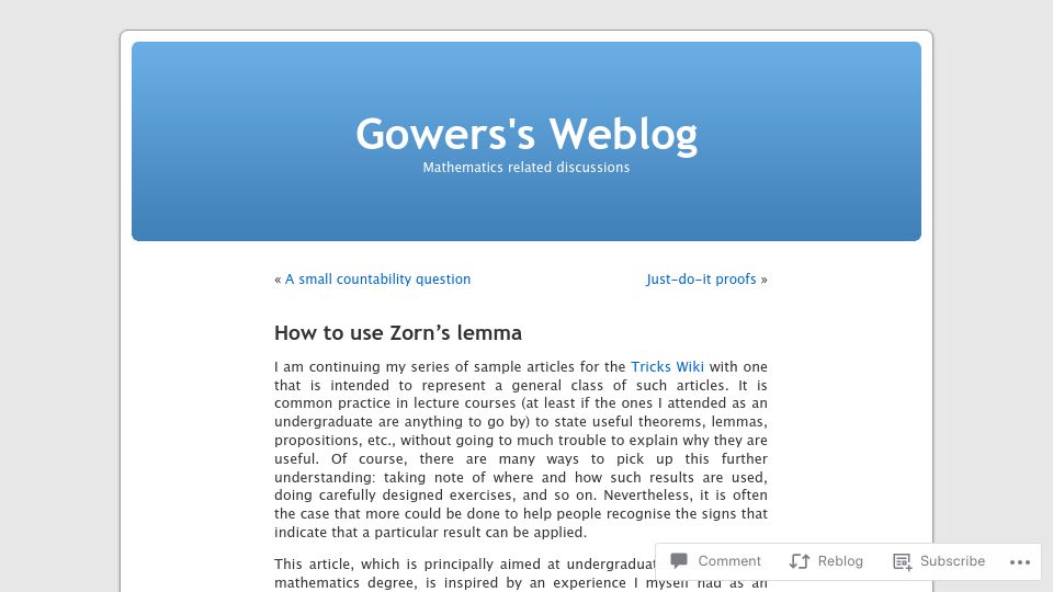 Screenshot of gowers.wordpress.com: How to Use Zorn's Lemma (2008)