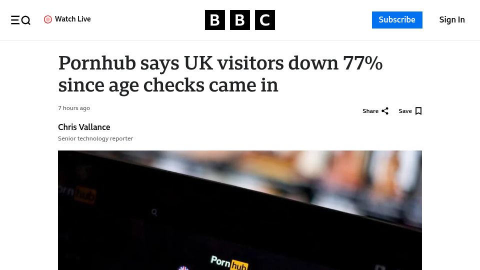 Screenshot of bbc.com: Pornhub says UK visitors down 77% since age checks came in