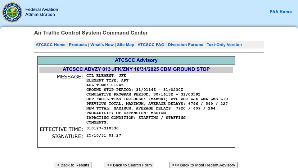 Screenshot of fly.faa.gov: Ground stop at JFK due to staffing