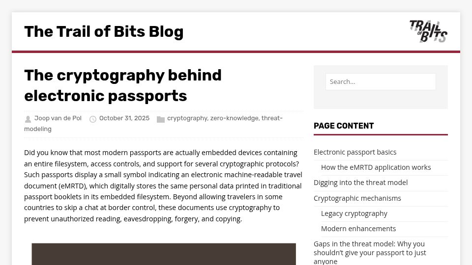 Screenshot of blog.trailofbits.com: The cryptography behind electronic passports
