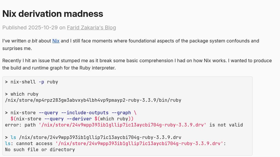 Screenshot of fzakaria.com: Nix Derivation Madness