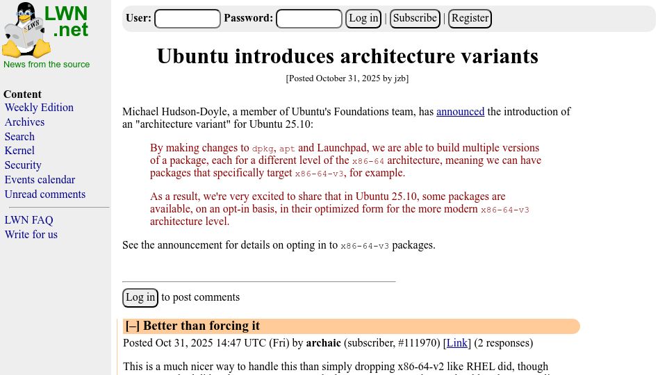 Screenshot of lwn.net: Ubuntu Introduces Architecture Variants