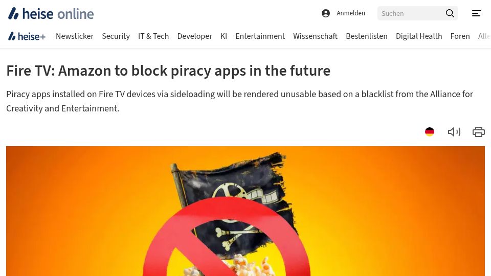 Screenshot of heise.de: Fire TV: Amazon to block piracy apps in the future