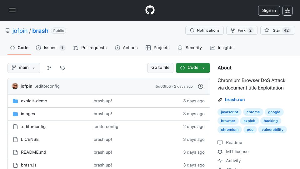 Screenshot of github.com: Chromium Browser DoS Attack via Document.title Exploitation