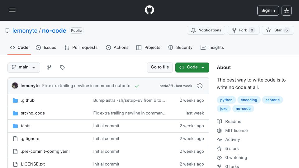 Screenshot of github.com: No Code