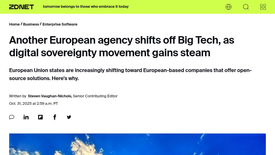 Screenshot of zdnet.com: Another European agency shifts off US Tech as digital sovereignty gains steam