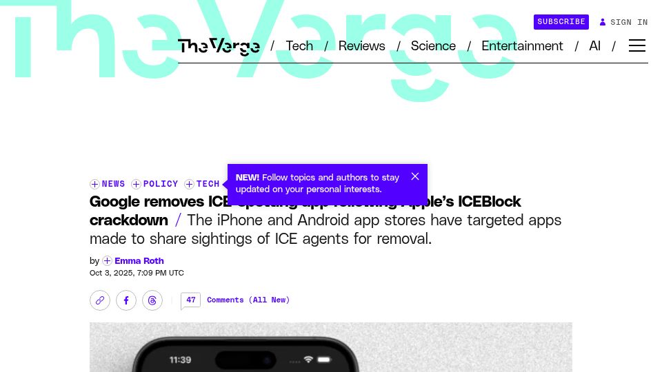 Screenshot of theverge.com: Google removes ICE-spotting app following Apple's ICEBlock crackdown