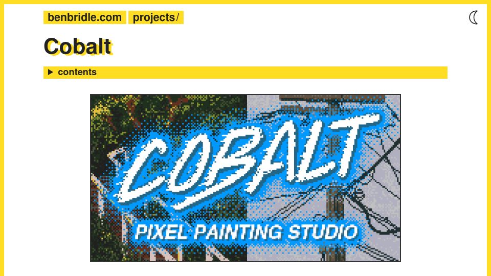 Screenshot of benbridle.com: Show HN: Cobalt – a pixel-art painting studio for the Nintendo DS
