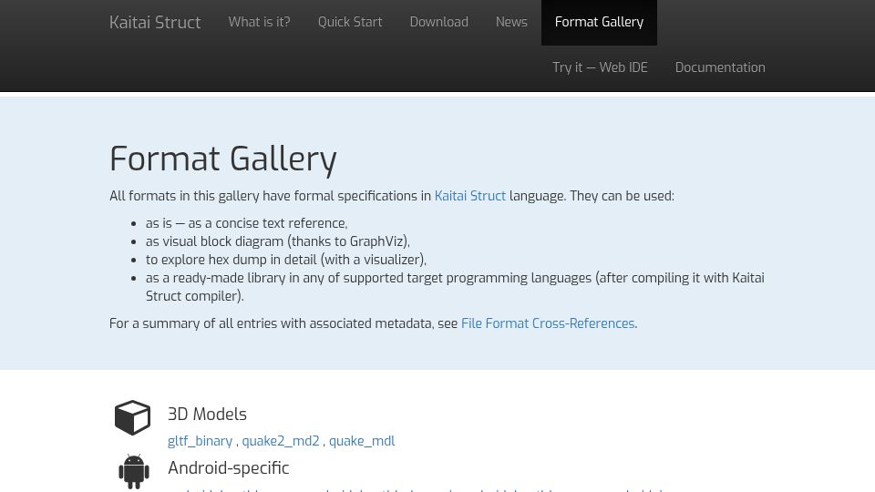 Screenshot of formats.kaitai.io: Binary Formats Gallery