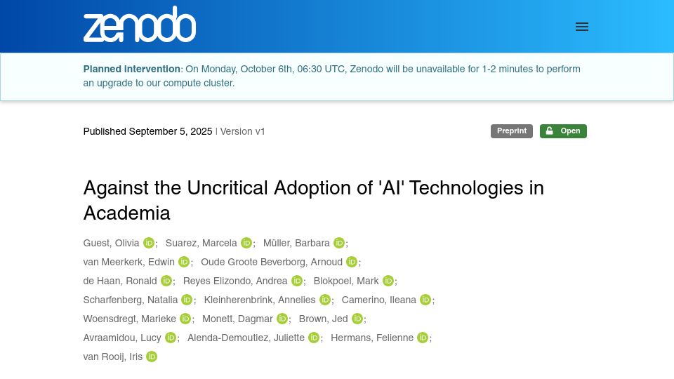 Screenshot of zenodo.org: Against the Uncritical Adoption of 'AI' Technologies in Academia
