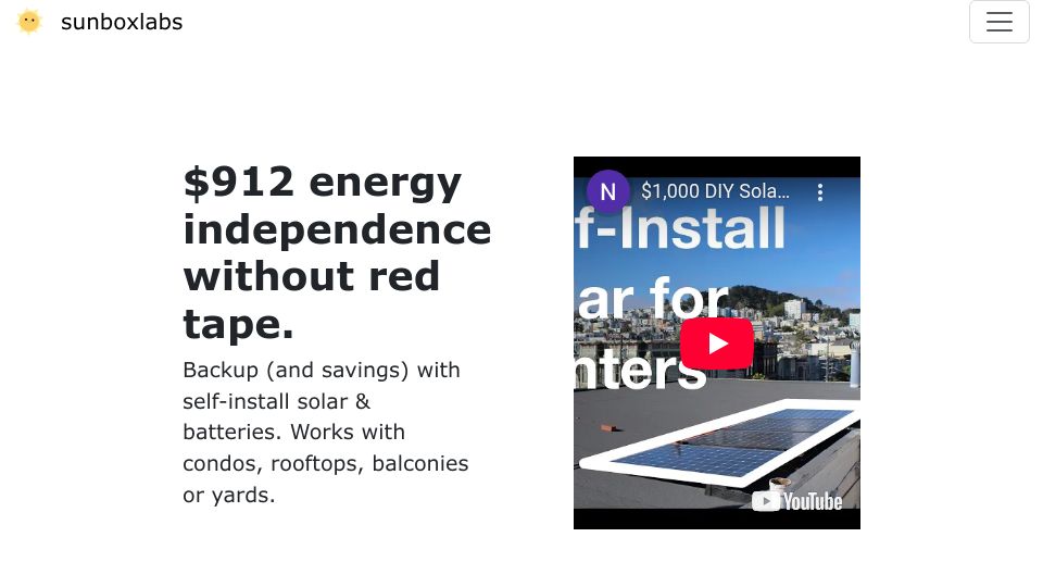 Screenshot of sunboxlabs.com: $912 energy independence without red tape