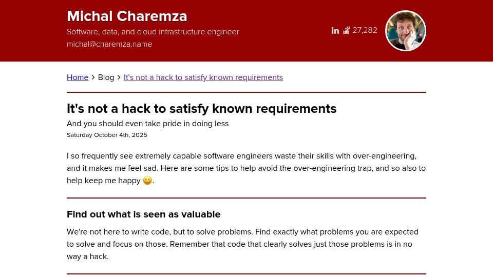 Screenshot of charemza.name: It's not a hack to satisfy known requirements
