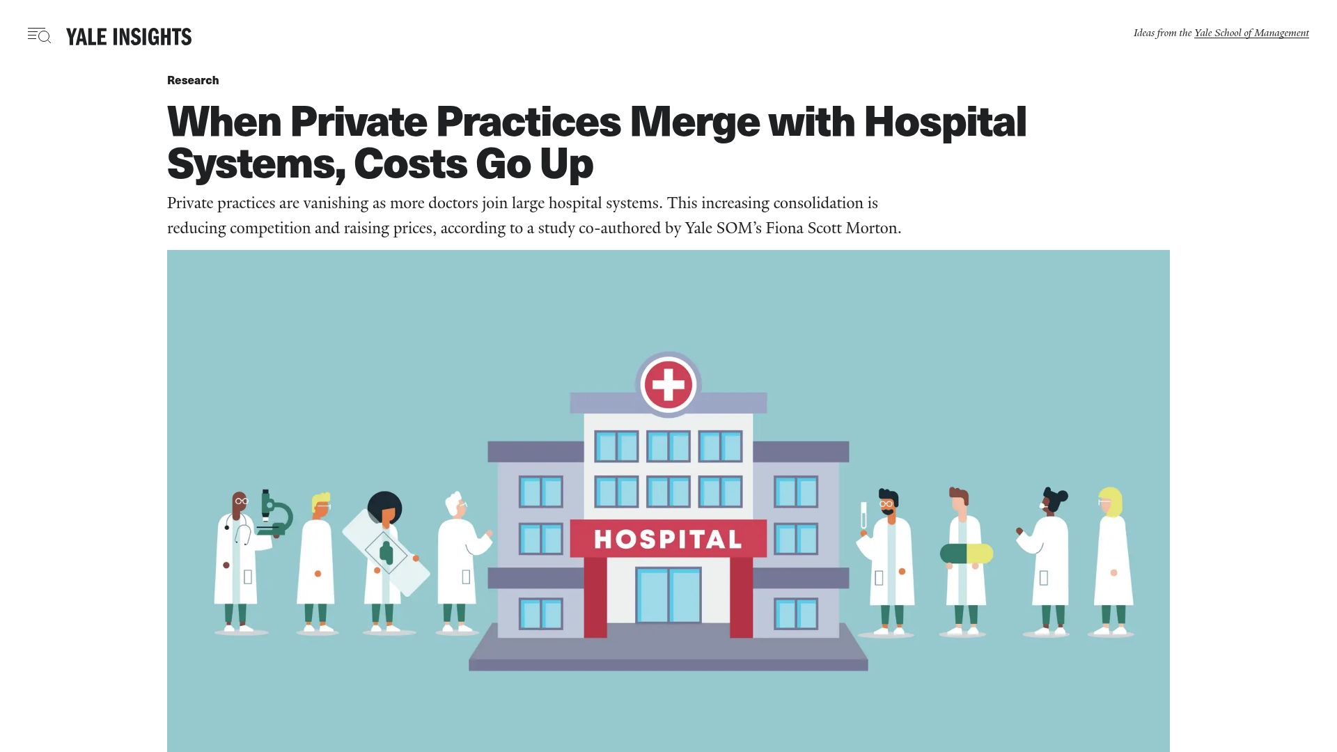 Screenshot of insights.som.yale.edu: When private practices merge with hospital systems, costs go up