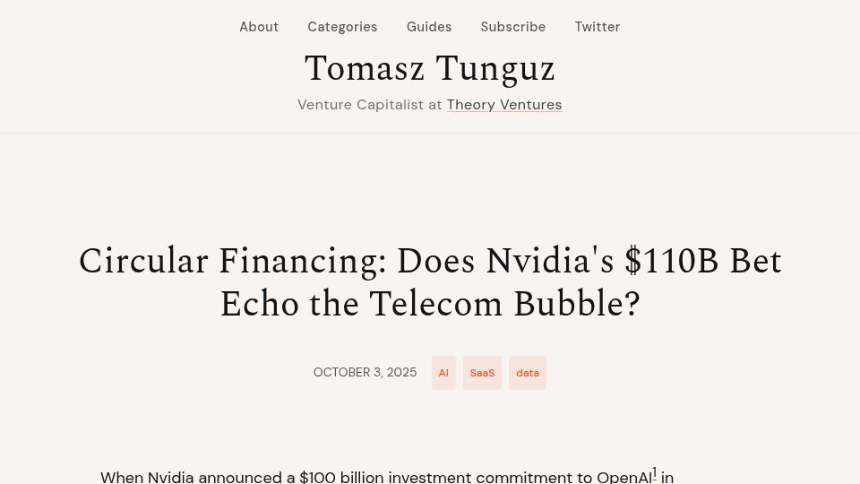 Screenshot of tomtunguz.com: Circular Financing: Does Nvidia's $110B Bet Echo the Telecom Bubble?