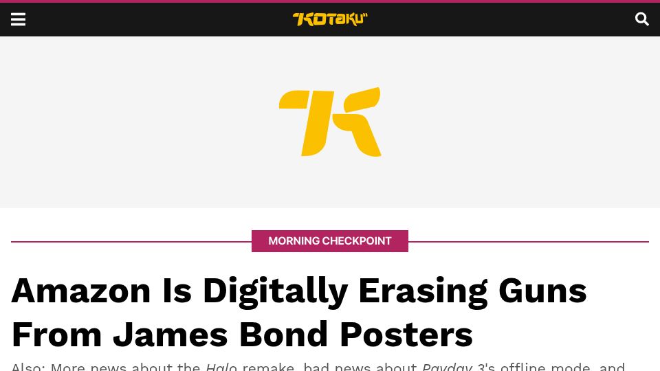 Screenshot of kotaku.com: Amazon Is Digitally Erasing Guns from James Bond Posters