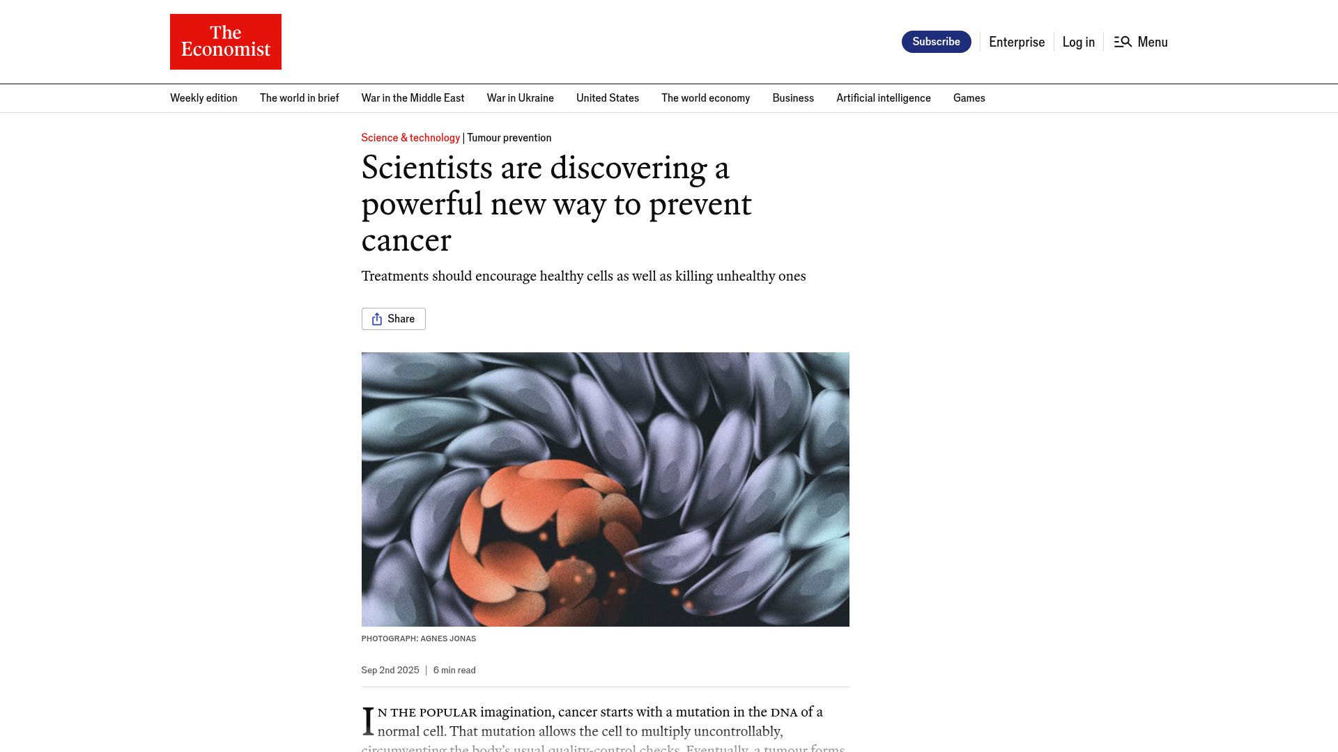 Screenshot of economist.com: Scientists are discovering a powerful new way to prevent cancer