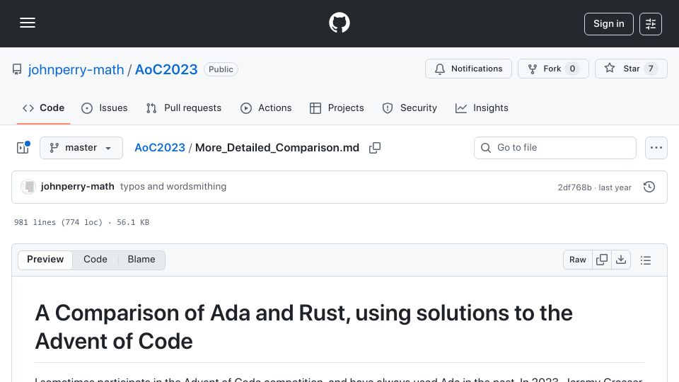 Screenshot of github.com: A comparison of Ada and Rust, using solutions to the Advent of Code
