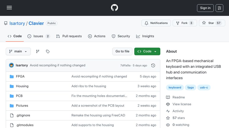 Screenshot of github.com: Clavier: An FPGA-based mechanical keyboard with USB hub and comms interfaces