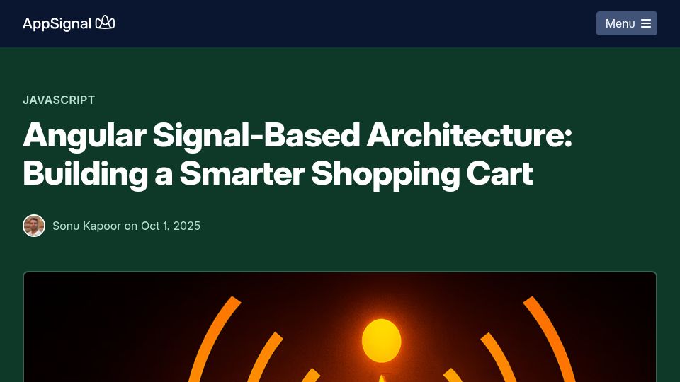 Screenshot of blog.appsignal.com: Angular Signal-Based Architecture: Building a Smarter Shopping Cart