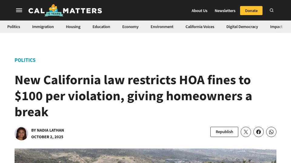 Screenshot of calmatters.org: New California law restricts HOA fines to $100 per violation
